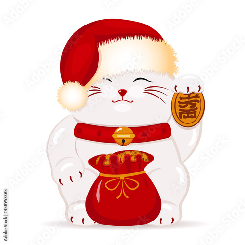 Japanese cat Maneki Neko in Santa's Christmas hat.