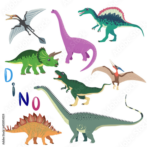 collection of cute flat dinosaurs  including T-rex  Stegosaurus  Velociraptor  Pterodactyl  Brachiosaurus and Triceratop