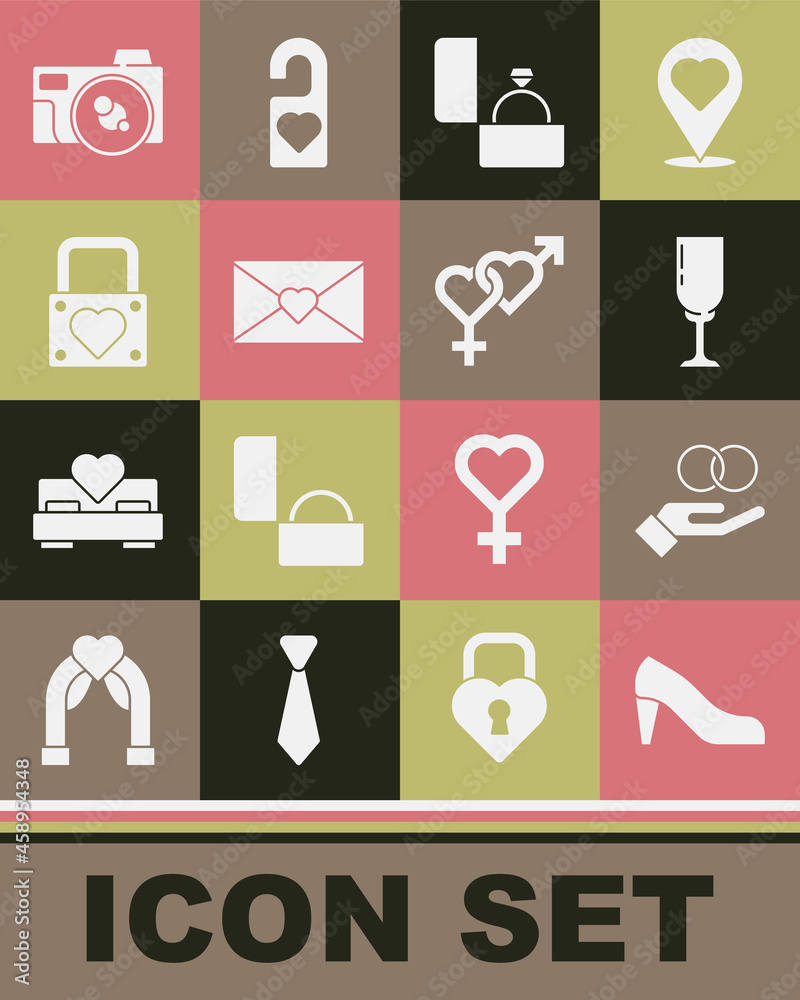 Set Woman shoe, Wedding rings, Glass of champagne, Diamond engagement, Envelope with Valentine heart, Lock and, Photo camera and Gender icon. Vector Set Woman shoe, Wedding rings, Glass of champagne, Diamond engagement, Envelope with Valentine heart, Lock and, Photo camera and Gender icon. Vector