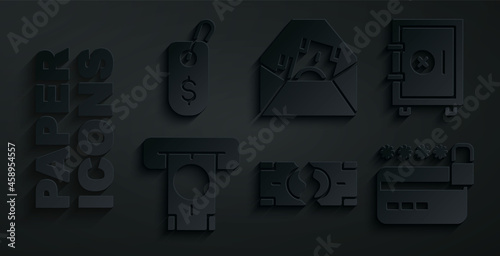 Set Tearing money banknote, Safe, ATM and, Credit card with lock, Envelope dollar symbol and Price tag icon. Vector