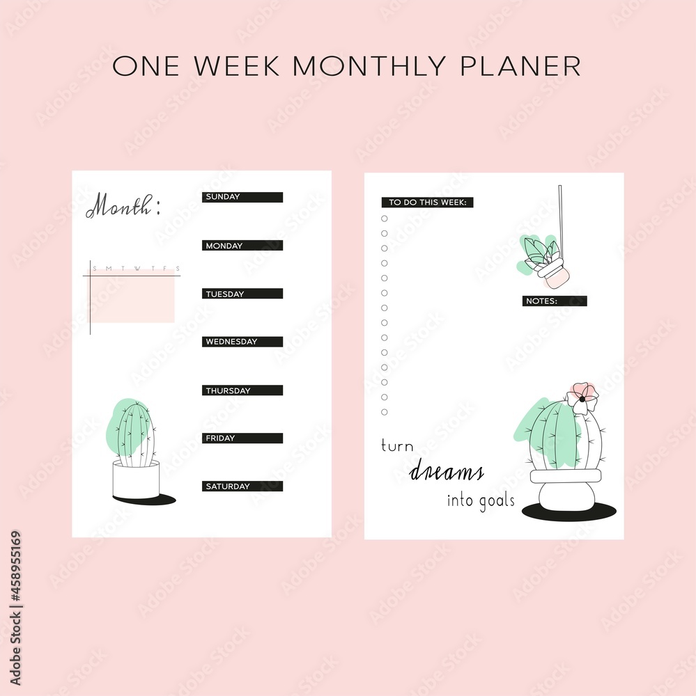 minimalist planner, one week mothly planner, and writing sheets vector ...