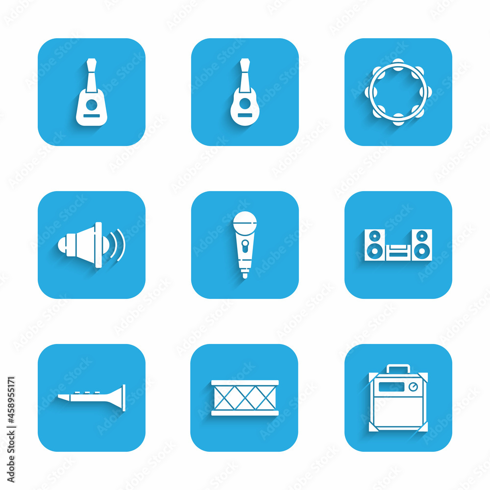 Set Microphone, Drum, Guitar amplifier, Home stereo, Clarinet, Speaker volume, Tambourine and icon. Vector Set Microphone, Drum, Guitar amplifier, Home stereo, Clarinet, Speaker volume, Tambourine and icon. Vector