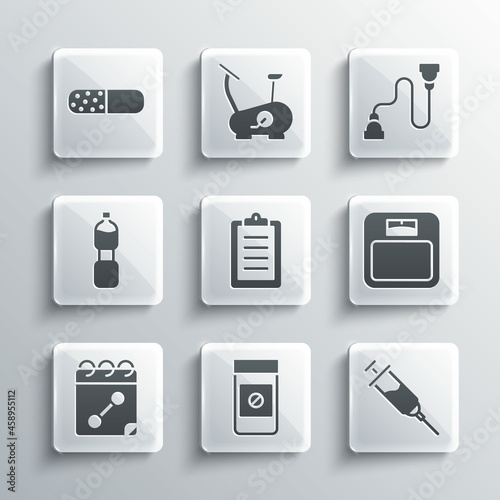 Set Anabolic drugs, Doping syringe, Bathroom scales, Sport training program, Calendar fitness, Bottle of water, Vitamin pill and Chest expander icon. Vector