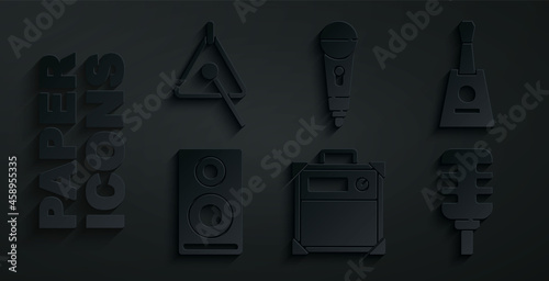 Set Guitar amplifier, Balalaika, Stereo speaker, Microphone, and Triangle icon. Vector