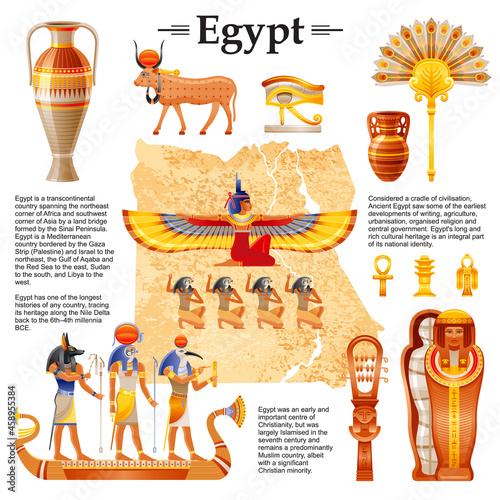 Ancient Egyptian vector. Travel map with Ancient Egypt infographic. Pharaoh pyramid landmark icons - mummy, vase, gods Horus and Anubis. Egyptian History and culture old illustration travel design