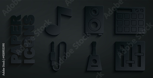 Set Balalaika, Drum machine, Audio jack, Sound mixer controller, Stereo speaker and Music note, tone icon. Vector