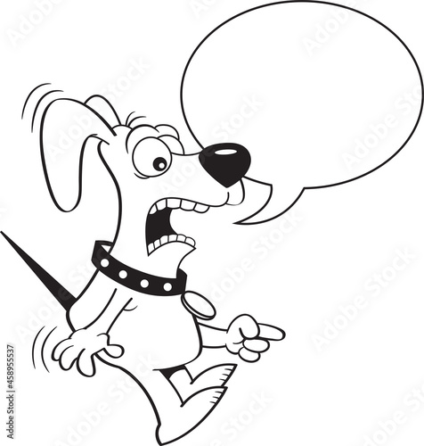 Black and white illustration of a scared dog pointing with a caption balloon. © bennerdesign
