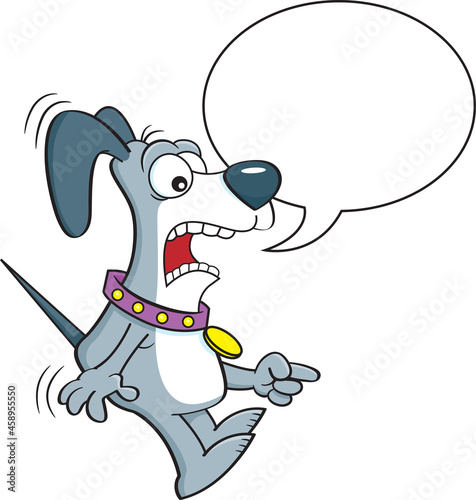 Cartoon illustration of a scared dog pointing with a caption balloon.