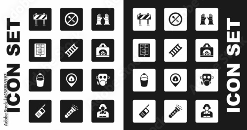 Set Firefighter gloves, escape, Evacuation plan, Road barrier, Interior fireplace, No match, Gas mask and bucket icon. Vector