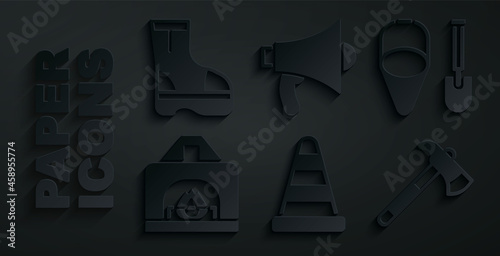 Set Traffic cone, Fire shovel and bucket, Interior fireplace, Firefighter axe, Megaphone and boots icon. Vector