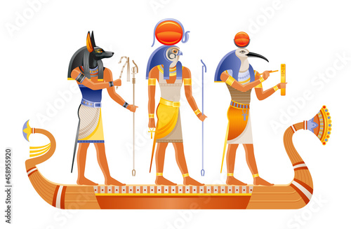 Egyptian boat with ancient gods Ra, Anubis, Thoth. Papyrus art from Ancient Egypt. Vector pharaoh historic ornament. Mythology civilization symbol. Sun Death and writing gods. Egyptology vector set photo