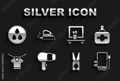 Set Hair dryer, Perfume, Electric boiler, Clothes pin, Drying clothes, Washbasin mirror, Water drop and iron icon. Vector