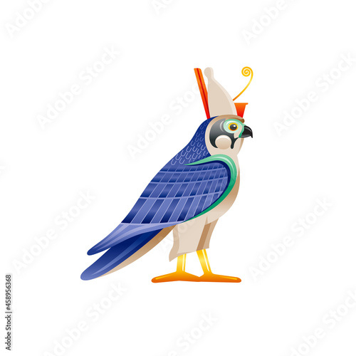 Egyptian falcon Horus Ra god symbol. Falcon bird character in pharaoh crown wing from ancient Egypt art. Cartoon 3d realistic statue icon. Old style vector illustration isolated on white background.
