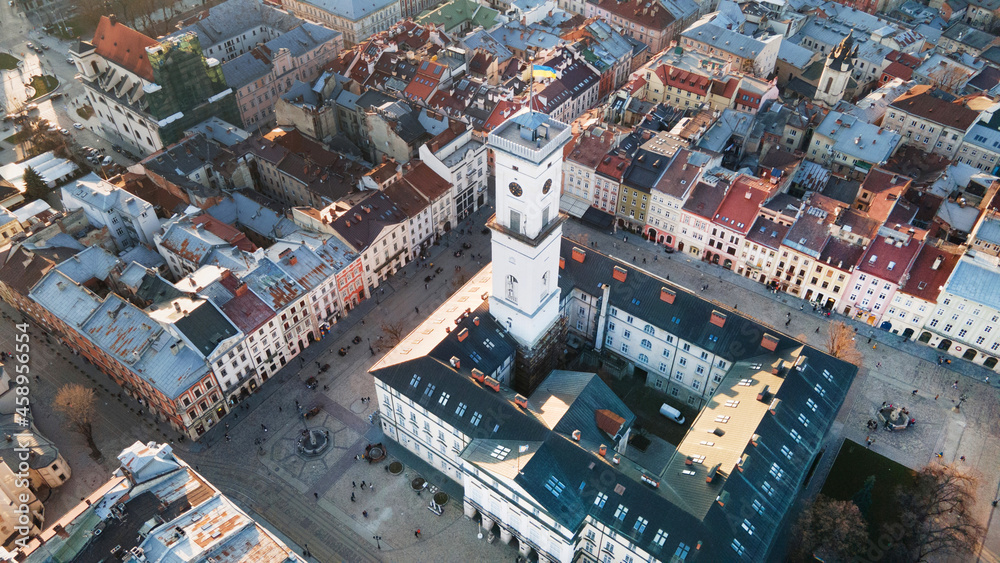 Fototapeta premium Aerial view of the Market Square in the Old Town of Lviv, Ukraine. Town hall and Market Square