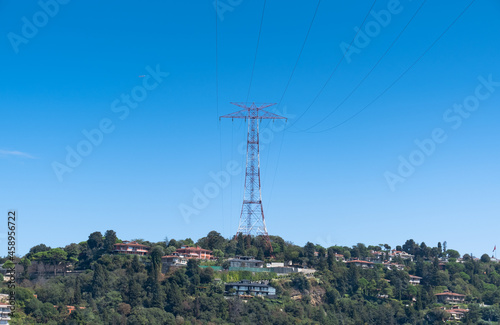 high voltage transmission tower between residential areas. İstanbul, turkey.