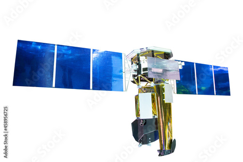 Fototapeta Naklejka Na Ścianę i Meble -  Space orbiting satellite with gold plating and blue shiny solar panels, isolated on white background.