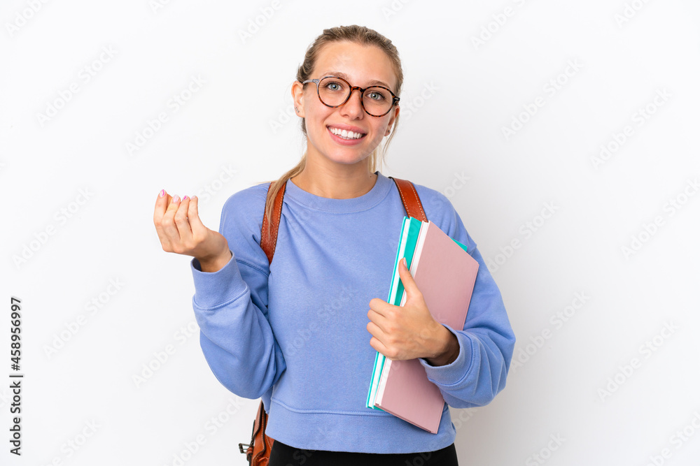 Young student caucasian woman isolated on white background making money gesture Young student caucasian woman isolated on white background making money gesture