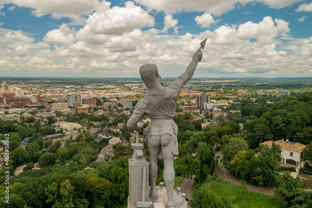 Aerial View of Vulcan Statue overlooking downtown Birmingham, AL