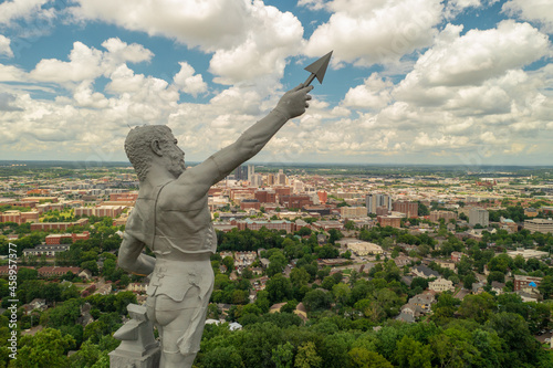 Aerial View of Vulcan Statue overlooking downtown Birmingham, AL