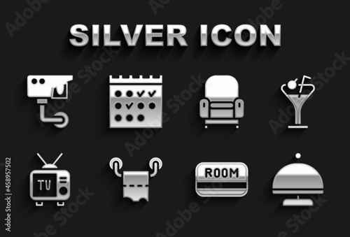 Set Toilet paper roll, Martini glass, Covered with tray, Hotel key card, Retro tv, Armchair, Security camera and booking calendar icon. Vector