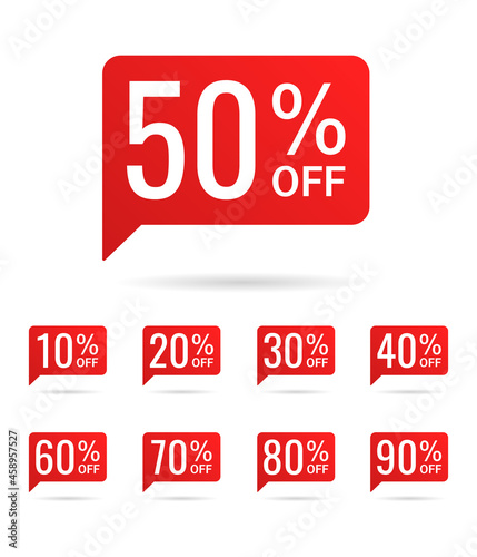 Set of red speech bubbles with percentage discounts for sale. 10, 20, 30, 40, 50, 60, 70, 80, 90.