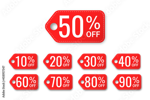 Set of red speech bubbles with percentage discounts for sale. 10, 20, 30, 40, 50, 60, 70, 80, 90.