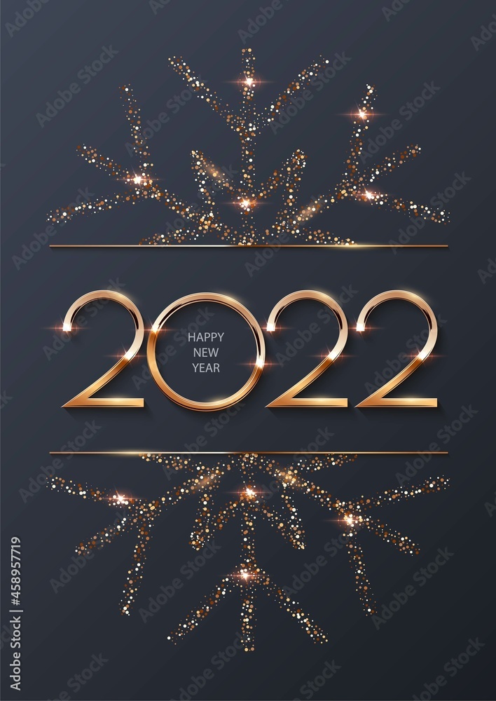 Happy new year 2022 background. Gold shining in light with sparkles  celebration. Greeting festive card vector illustration. Merry Christmas  holiday modern poster or wallpaper design on grey background Stock Vector |  Adobe Stock