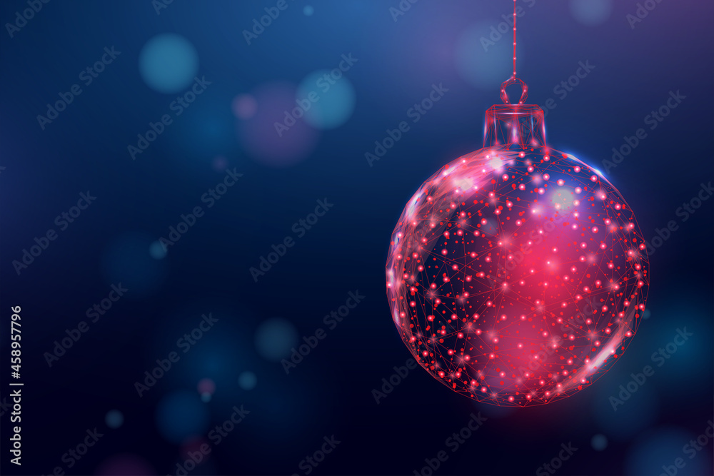 Fototapeta premium Wireframe Christmas ball, low poly style. Banner for the concept of Christmas or New Year with a place for an inscription. Abstract modern 3d vector illustration on blue background.