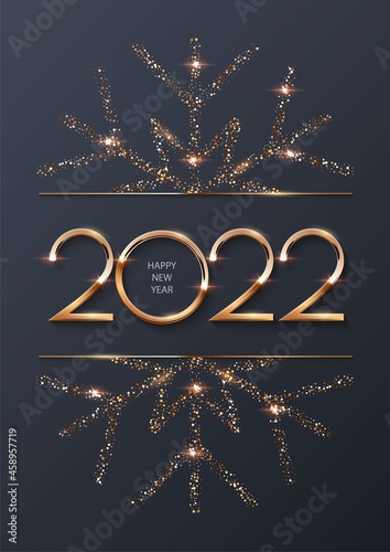 Happy new year 2022 background. Gold shining in light with sparkles celebration. Greeting festive card vector illustration. Merry Christmas holiday modern poster or wallpaper design on grey background