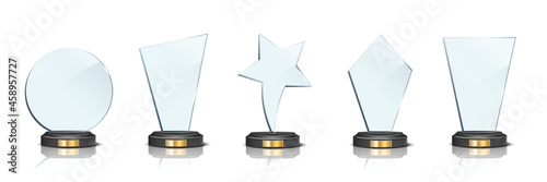 Award trophy set. Star and rectangle shaped glass prize statues on white background. Champion glory in competition vector illustration. Hollywood fame in film or championship in sport