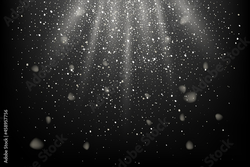 Silver glitter and sparkles in sun rays background. White lines in shiny light vector illustration. Bright dust sparkling on black wallpaper design. Christmas or holiday card decoration