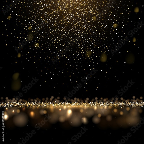 Gold glitter confetti falling, abstract golden sparkle rain, shiny magic dust on floor