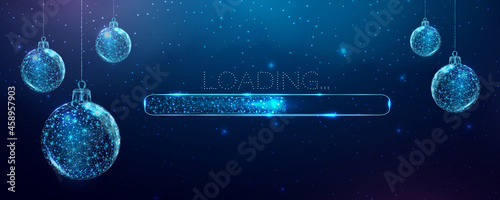 Wireframe Christmas stars and loading bar, low poly style. Merry Christmas and New Year banner. Abstract modern 3d vector illustration on blue background.