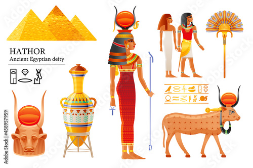 Hathor Egyptian goddess. Pharaoh icon set. Sky deity with sun, cow horn. Ancient Egyptian god of music, dance, joy, sexuality, beauty, love. 3d realistic vector illustration isolated with cow vase fan photo