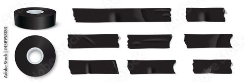 Black adhesive tape set. Sticky duct paper strips, cuts, textured and glued, whole rolls vector illustration. Realistic torn and ripped plastic packaging tool on white background