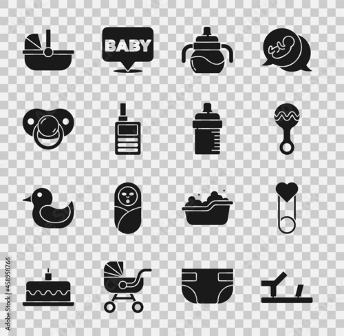 Set Baby shoes, clothes pin, Rattle baby toy, bottle, Monitor Walkie Talkie, dummy pacifier, stroller and icon. Vector