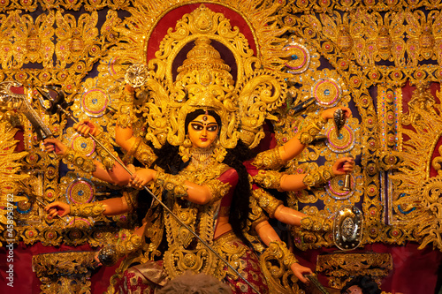 Photos Idol of Goddess Devi Durga at a decorated puja pandal in Kolkata, West Bengal, India