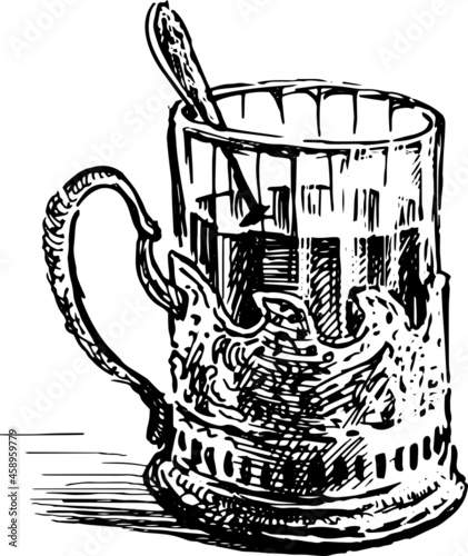 Sketch of glass with hot tea and teaspoon in vintage metal holder
