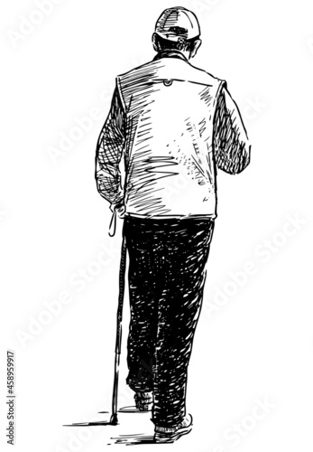 Sketch of senior man with walking cane strolling outdoors