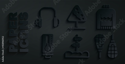 Set Road traffic signpost, Christmas sweater, Meteorology thermometer, Snowshoes, avalanches and Winter headphones icon. Vector