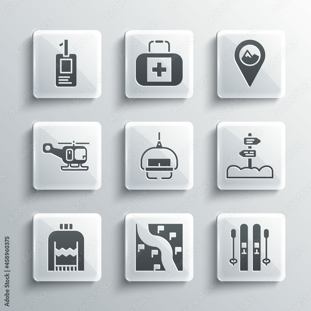 Set Route location, Ski and sticks, Road traffic signpost, lift, Christmas sweater, Rescue helicopter, Identification badge and Location with mountain icon. Vector Set Route location, Ski and sticks, Road traffic signpost, lift, Christmas sweater, Rescue helicopter, Identification badge and Location with mountain icon. Vector