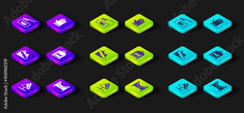 Set Road sign avalanches, Skate park, Mountain descent, Christmas sweater, mitten and Winter fishing icon. Vector