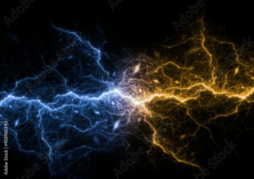 Blue and yellow lightning bolt, abstract energy background