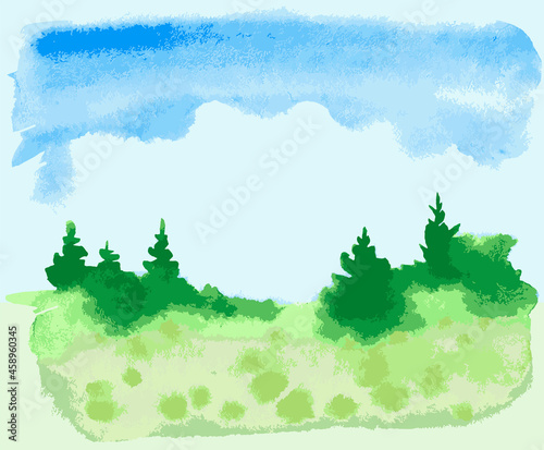 Vector watercolor drawing of abstract landscape with blue sky and green fir trees