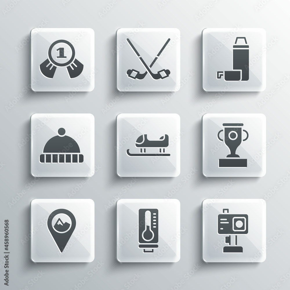 Set Meteorology thermometer, Action camera, Award cup, Sled, Location with mountain, Winter hat, Medal and Thermos container icon. Vector Set Meteorology thermometer, Action camera, Award cup, Sled, Location with mountain, Winter hat, Medal and Thermos container icon. Vector