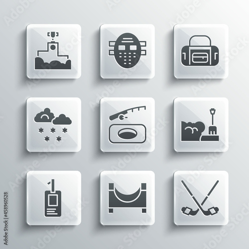 Set Skate park, Ice hockey sticks, Shovel in snowdrift, Winter fishing, Identification badge, Cloud with, Award winner podium and Sport bag icon. Vector