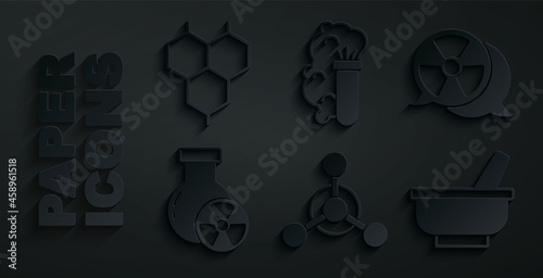 Set Molecule, Radioactive, Test tube radiation, Mortar and pestle, Chemical explosion and formula icon. Vector