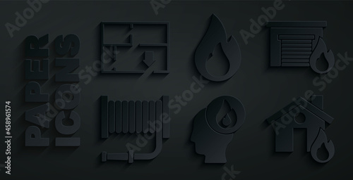 Set Firefighter, in burning garage, hose reel, house, flame and Evacuation plan icon. Vector