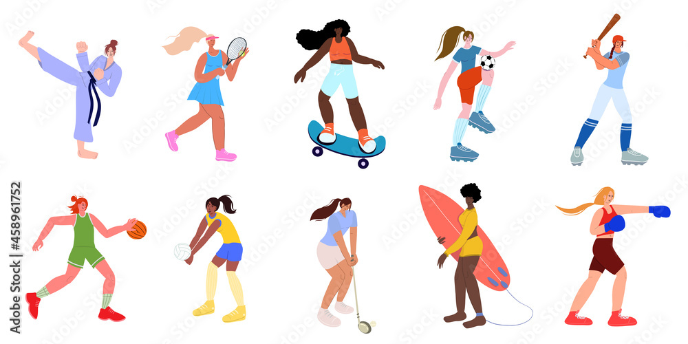 Flat women play different sports collection.Women sportsmen characters set.Isolated on the white background.