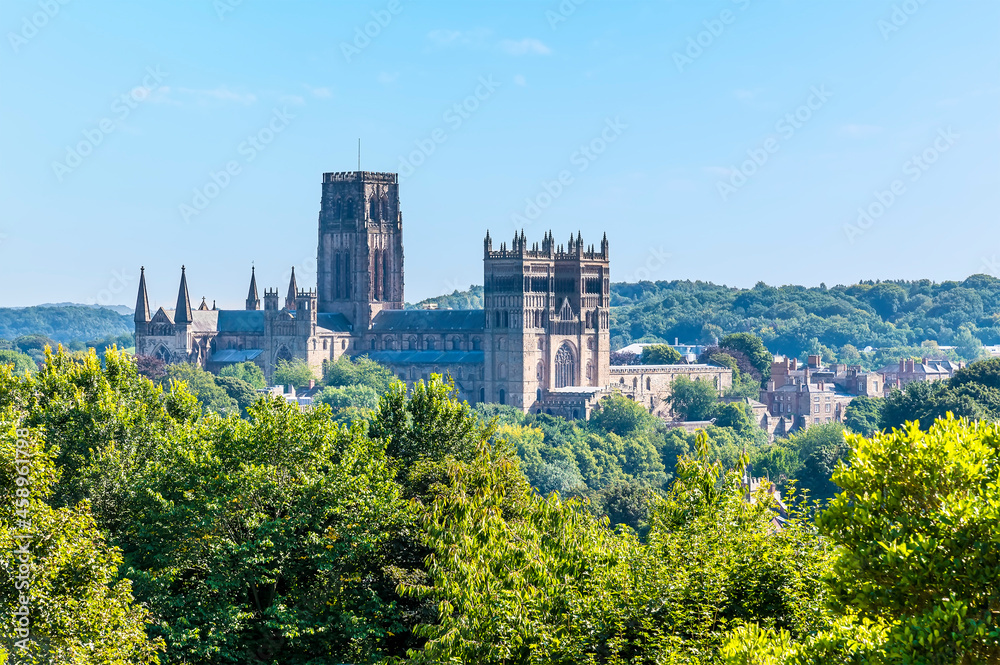 A view across the treetops towards the Cathedral in Durham, UK in summertime